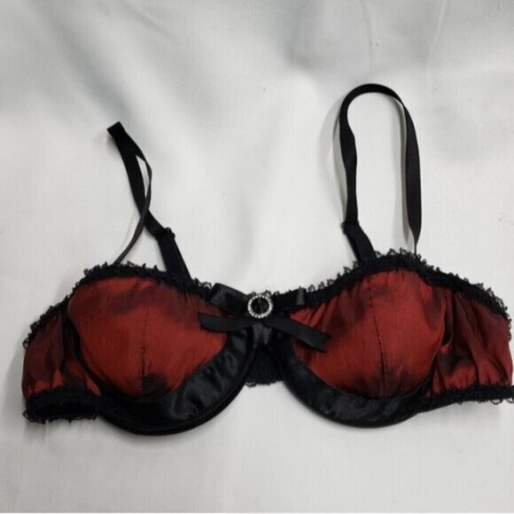 Coquette Sexy Bra Deep Red Black Lace Balconette Size Large - Picture 2 of 12